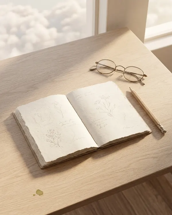 Un cuaderno abierto con notas y bocetos a mano, un lápiz y unas gafas sobre una mesa de madera clara