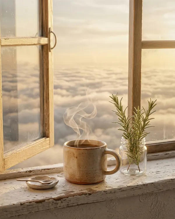 Una taza humeante en el alféizar de una ventana que da a un mar de nubes