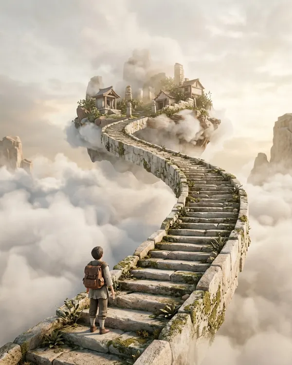 Una persona pequeña, de espaldas y con mochila, al pie de una escalera de piedra que sube entre las nubes hacia una isla flotante